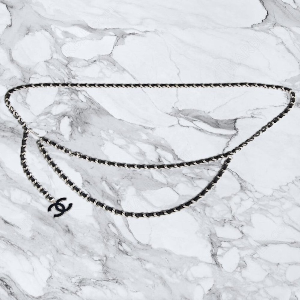 Chanel Fall 2004 Black Silver Chain Enamel Logo Charm Belt